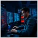 Man at a multi-monitor workstation reviewing code and logs while researching how perform forensic analysis wordpress security incident.