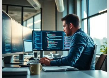 Developer at a multi-monitor workstation doing a code review and testing demonstrating how perform wordpress audit plugin vulnerability disclosure.