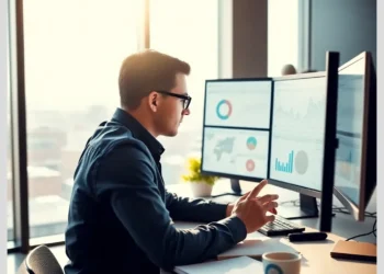 Man at a desk analyzing multiple charts and graphs on monitors illustrating how perform wordpress seo audit technical optimization.