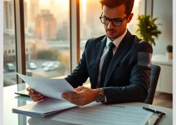 Business professional in a suit and glasses reviewing audit paperwork at a desk with a city skyline, showing how prepare compliance audit practical guide.