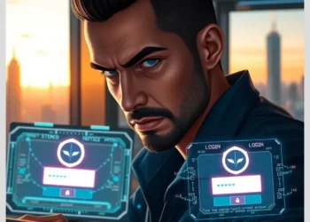 Man at computer with holographic login panels showing password fields demonstrating how prevent brute force attacks wordpress login pages.