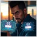 Man at computer with holographic login panels showing password fields demonstrating how prevent brute force attacks wordpress login pages.