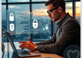 Person at a laptop reviewing security dashboards and padlock icons illustrating how review harden wordpress htaccess security settings.