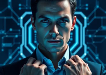 Serious suited professional in blue-lit circuitry background representing iam audit securing identity access management.