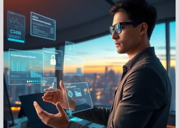 Person interacting with holographic security dashboards reviewing incident response playbooks auditors in a modern office at sunset