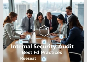 Business professionals meeting around laptops with security icons and overlay text illustrating internal security audit best practices organization.