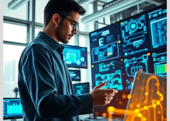 Technician reviewing multiple security dashboards for iot ot security audits securing smart devices.