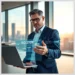 Business executive reviewing a holographic ISO 27001:2025 Audit Roadmap for IT Security on a laptop in a modern office