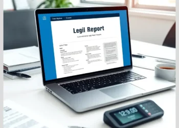 Laptop on a tidy desk showing a legal report template with documents, pen, coffee and a small device, legal audit report templates download customize.