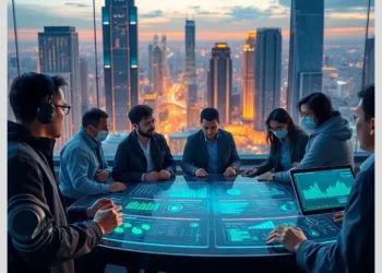 Team of professionals reviewing interactive touch-table dashboards and laptops with log management tools elk graylog splunk against a city skyline.