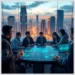 Team of professionals reviewing interactive touch-table dashboards and laptops with log management tools elk graylog splunk against a city skyline.
