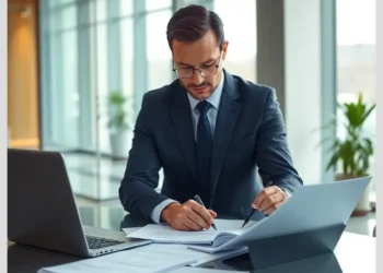 Business professional in a suit reviewing documents and digital reports while managing audit findings detection remediation