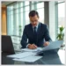 Business professional in a suit reviewing documents and digital reports while managing audit findings detection remediation