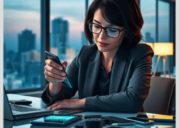 Professional woman performing a mobile device audit securing byod environments at a desk surrounded by smartphones, a tablet and a laptop