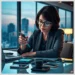 Professional woman performing a mobile device audit securing byod environments at a desk surrounded by smartphones, a tablet and a laptop