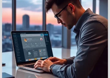 A focused professional working on a laptop reviewing a modulards multisite wordpress maintenance audit dashboard in a glass-walled office at sunset.