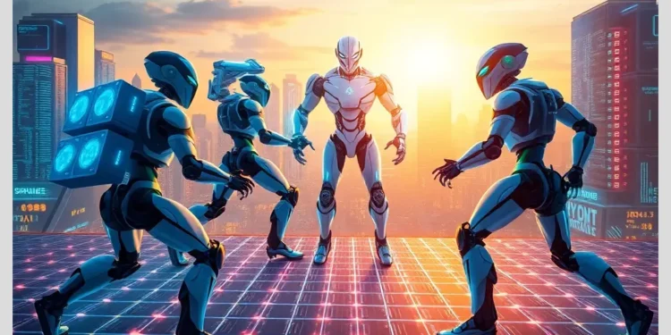 Robotic showdown on a neon rooftop representing modulards vs managewp vs kinsta competition