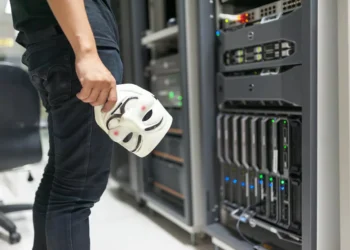 ModularDS vs Sucuri: Discover the Ultimate WordPress Security Showdown 6 Person holding a Guy Fawkes mask next to blinking server racks evoking ModularDS vs Sucuri: Discover the Ultimate WordPress Security Showdown.