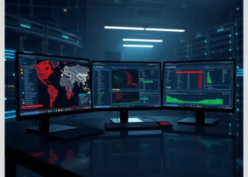 Three-monitor security operations workstation displaying a red global threat map, charts and vulnerability dashboards for network scanning tools nmap nessus qualys compared.