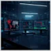 Three-monitor security operations workstation displaying a red global threat map, charts and vulnerability dashboards for network scanning tools nmap nessus qualys compared.