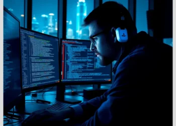 Professional at dual monitors using network traffic analysis tools wireshark tcpdump to inspect packet captures and code