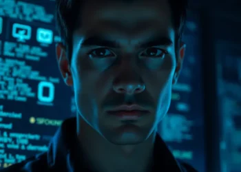 Close-up of a focused IT specialist illuminated by blue monitor light performing an operating system audit windows linux macos