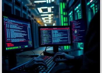 Hands typing at a multi-monitor workstation in a dim server room displaying terminal windows and scripts, illustrating password cracking tools john ripper hashcat.