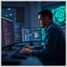 Cybersecurity analyst typing on a keyboard with multiple monitors showing code and a lock icon, illustrating penetration testing audit ptes framework explained.