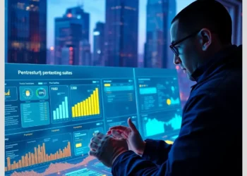 Professional reviewing a large touch-screen analytics dashboard showing charts and metrics for pentesting suites compared features pricing and tool performance.
