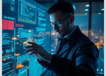 Cybersecurity analyst interacting with an immersive touchscreen dashboard for post attack forensic analysis playbook
