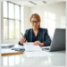 Business professional completing a Quick Audit Checklist: Save Time and Cover All Bases at her desk with laptop and documents