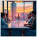 Business team reviews a holographic compliance dashboard highlighting recent fines non compliance gdpr pci more in a modern high-rise conference room.