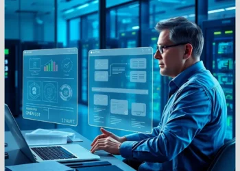 IT analyst in a server room reviewing holographic dashboards and charts with recommended open source tools auditors