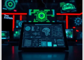 Tablet displaying cyber war room dashboards and network diagrams for a red team attack simulation playbook.