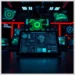 Tablet displaying cyber war room dashboards and network diagrams for a red team attack simulation playbook.