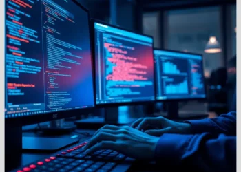 Hands typing at a multi-monitor cybersecurity workstation displaying code and analytics for sandboxing malware analysis tools auditors.