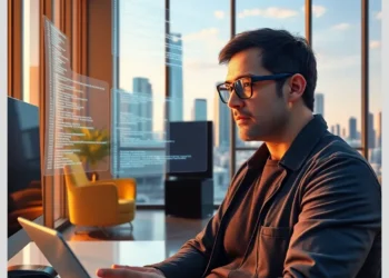 Developer at laptop with floating code windows in a city office source code audit lessons real projects