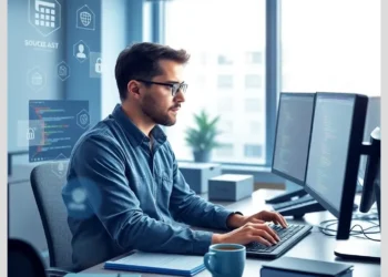 Software engineer at dual monitors reviewing code with security overlays, practicing source code audit sast dast best practices.