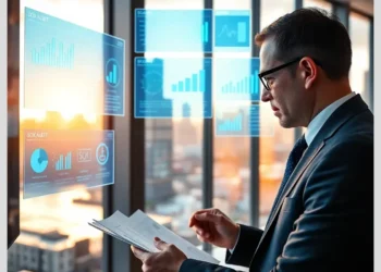 Corporate auditor reviewing printed reports and holographic charts for sox audit financial sector compliance guide.