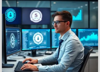 Analyst at multi-monitor security workstation reviewing certification badges and performance charts, top certifications junior auditors 2025