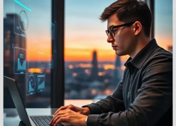 A focused young professional working on a laptop at dusk, illustrating top tips new auditors in a modern office setting