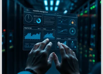 Hands interacting with a holographic vulnerability management tools dashboard displaying charts and alerts.